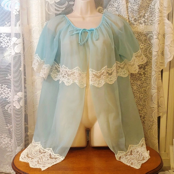 Vintage Other - Vintage sheer blue chiffon robe with white lace